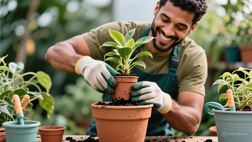 Man verpot een plant.