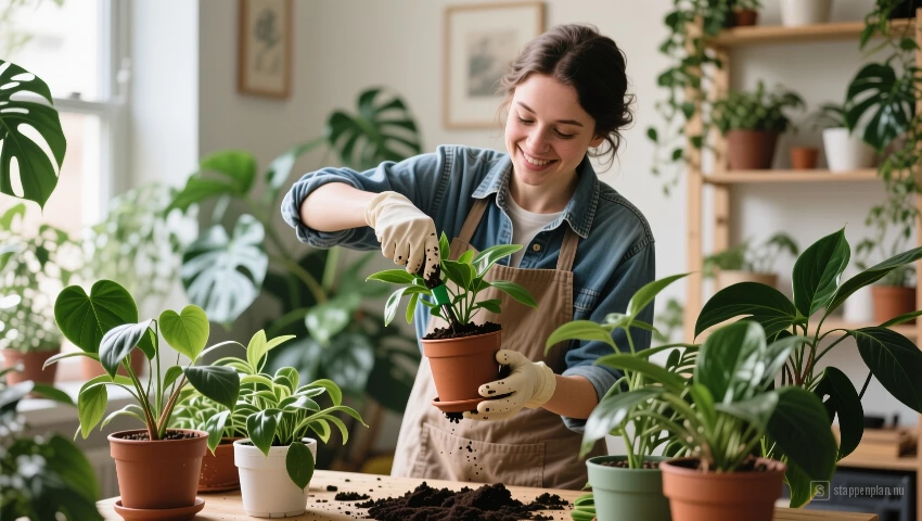 Persoon verzorgt planten met voeding.