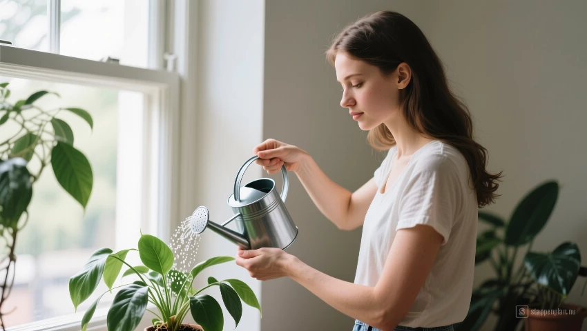 Vrouw water geeft een plant.