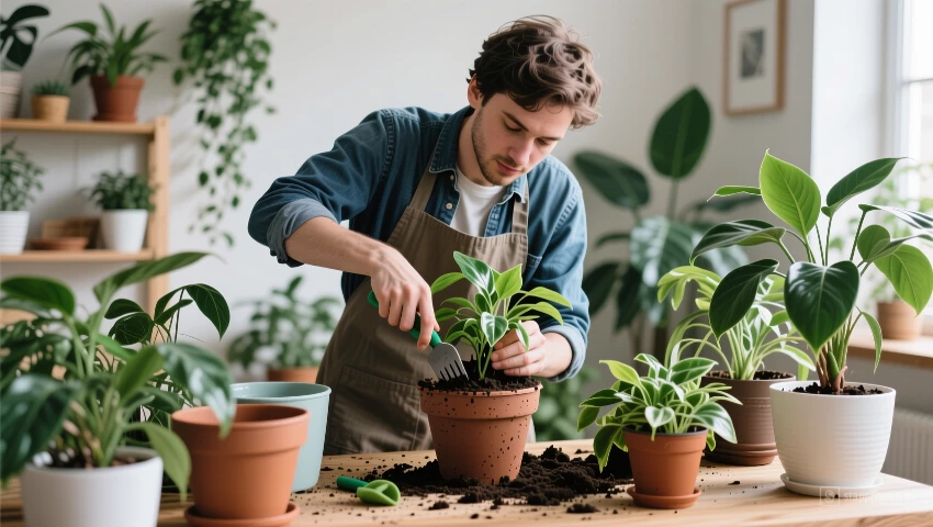 Persoon verzorgt planten door ze te verpotten.