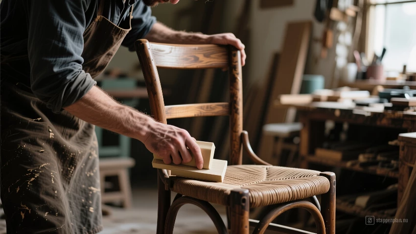 Persoon schuurt vintage houten stoel.
