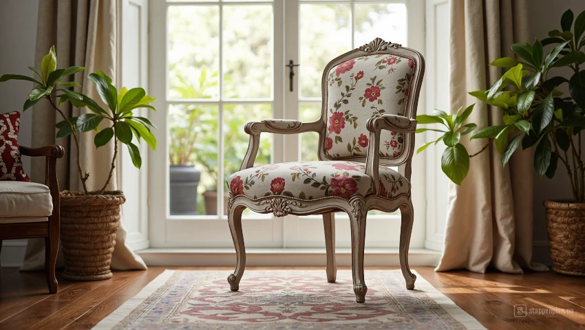 Woonkamer met een prachtig opgeknapte stoel.