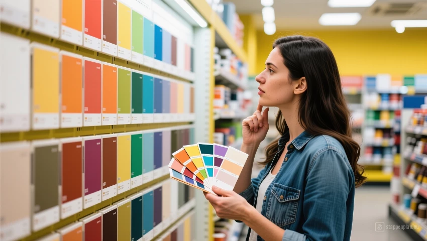 Vrouw bekijkt verfkleuren in een verfwinkel.