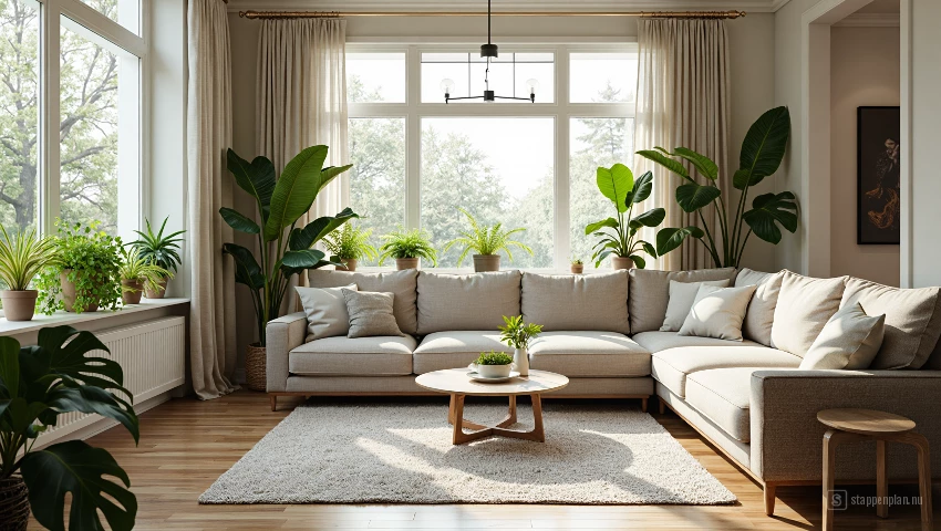 Woonkamer met planten bij het raam.