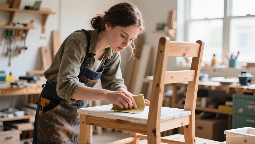 Vrouw schuurt een houten stoel voor een tweede verfbeurt.