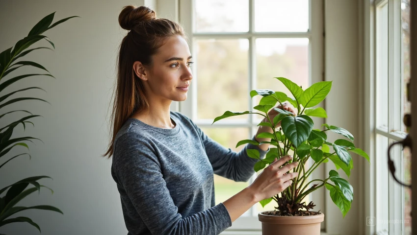 Vrouw verplaatst een plant naar het raam.