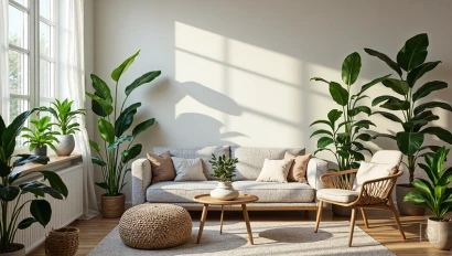 Lichte woonkamer met diverse gezonde kamerplanten.