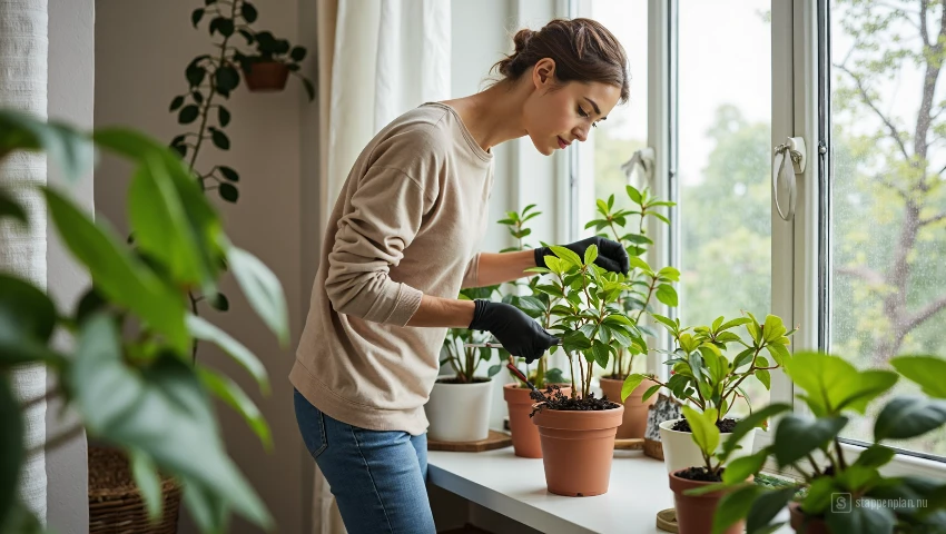 Persoon behandelt planten voor ongedierte.