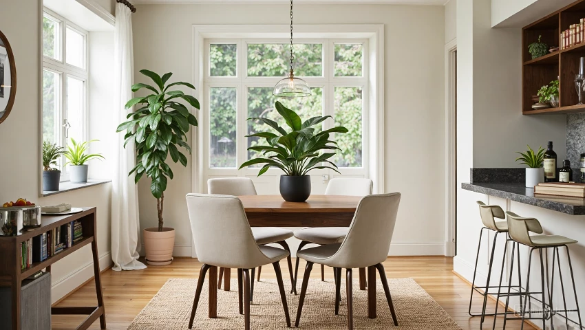 Lichte eetkamer met plant als middelpunt.