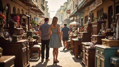 Persoon snuffelt tussen vintage meubels op rommelmarkt.