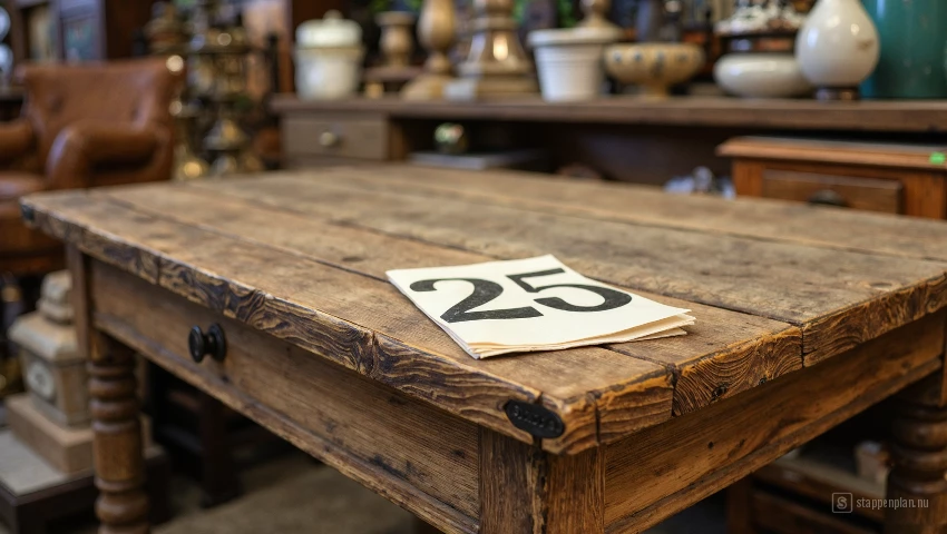 Vintage houten tafel met prijslabel in kringloopwinkel.