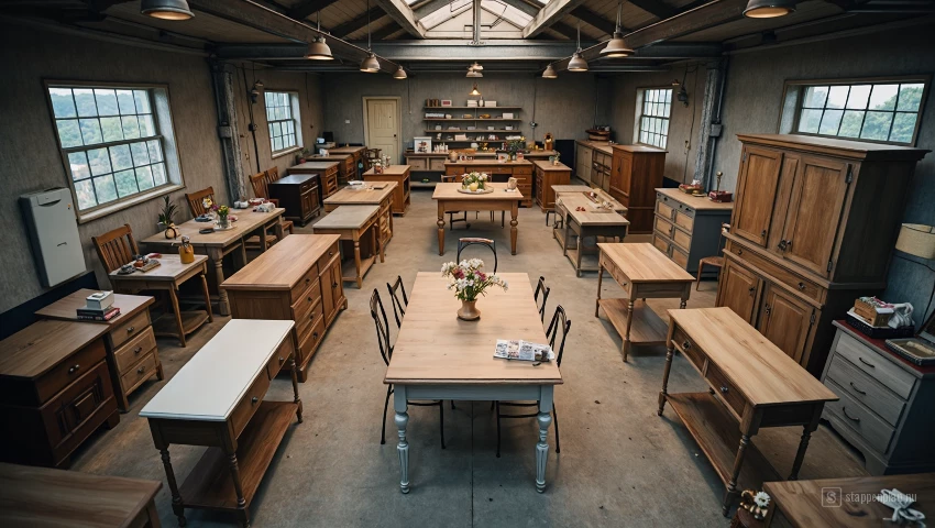 Luchtfoto van een werkplaats met meubels die worden geschilderd.