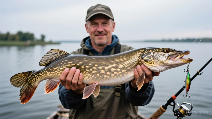 Visser houdt een grote snoek omhoog.