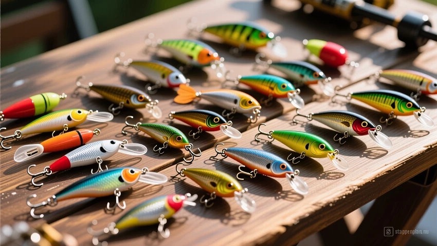 Collectie verschillende soorten kunstaas op een houten tafel.