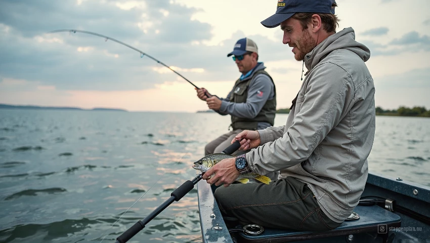Vissers trollen met lures vanuit een boot.