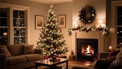 Gezellige kerstboom in een warme woonkamer.