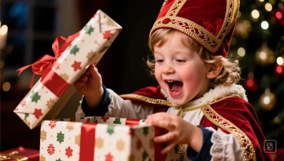 Kind opent Sinterklaas cadeau.
