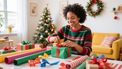 Iemand die kerstcadeaus inpakt.