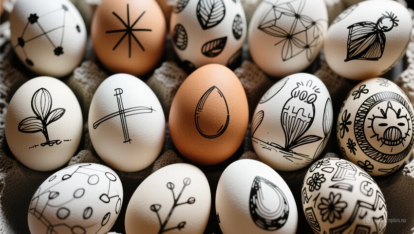 Paaseieren met verschillende schetsen erop.