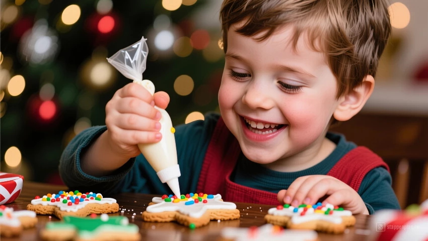 Kind versiert kerstkoekjes.