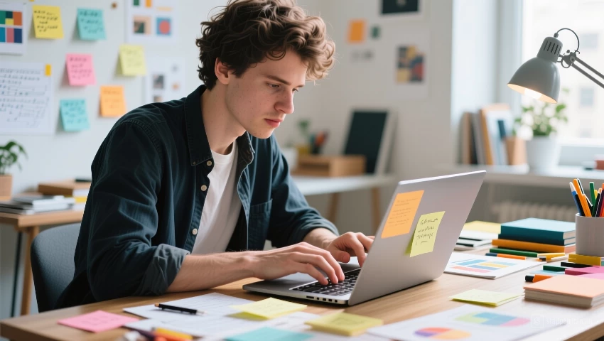 Persoon typt op een laptop om creatieve content te schrijven.