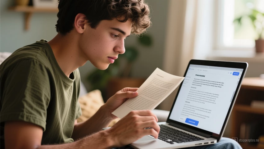 Jonge man leest een gegenereerde tekst op een laptop.