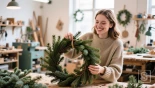 Vrouw die kerstkrans maakt, heldere werkplaats.