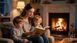 Moeder leest voor bij de open haard.
