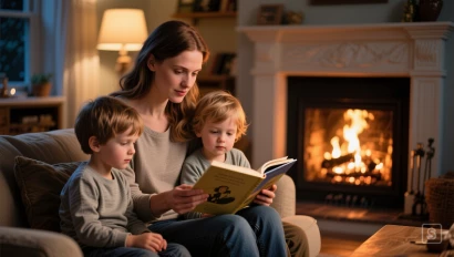 Moeder leest voor bij de open haard.