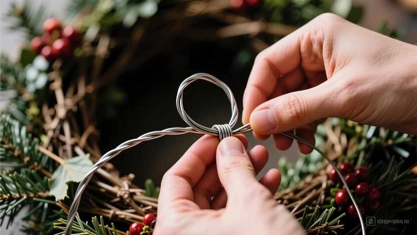 Handen maken lus aan achterkant van krans.