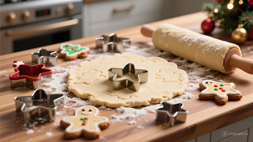 3D render van kerstkoekjesvormen en deeg.