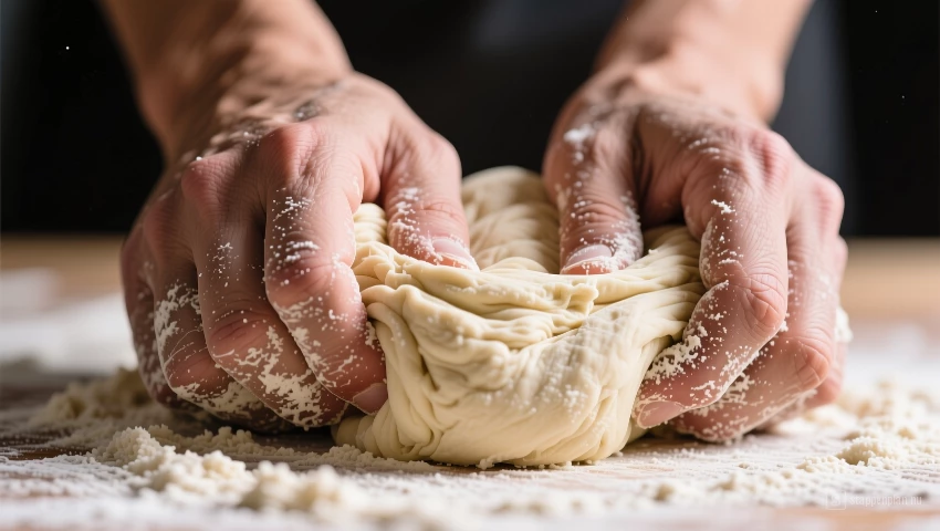 Macro foto van handen die deeg kneden.