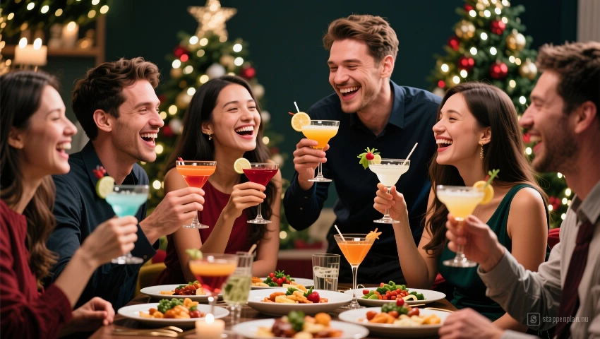 Vrienden proeven cocktails en gerechten op een kerstfeest.