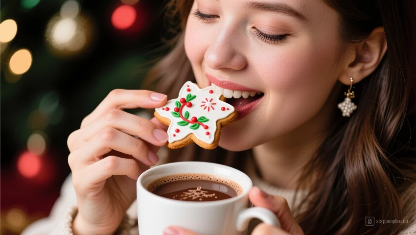 Persoon geniet van een kerstkoekje.