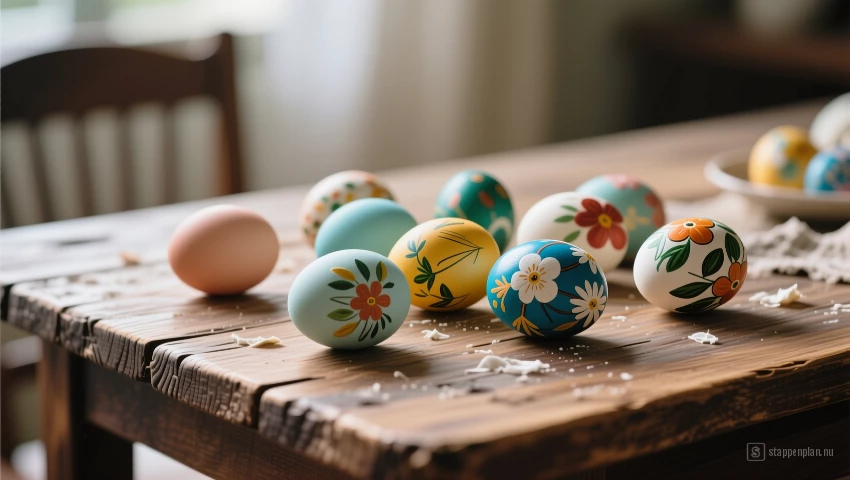 Verschilderde Paaseieren drogen op een tafel.
