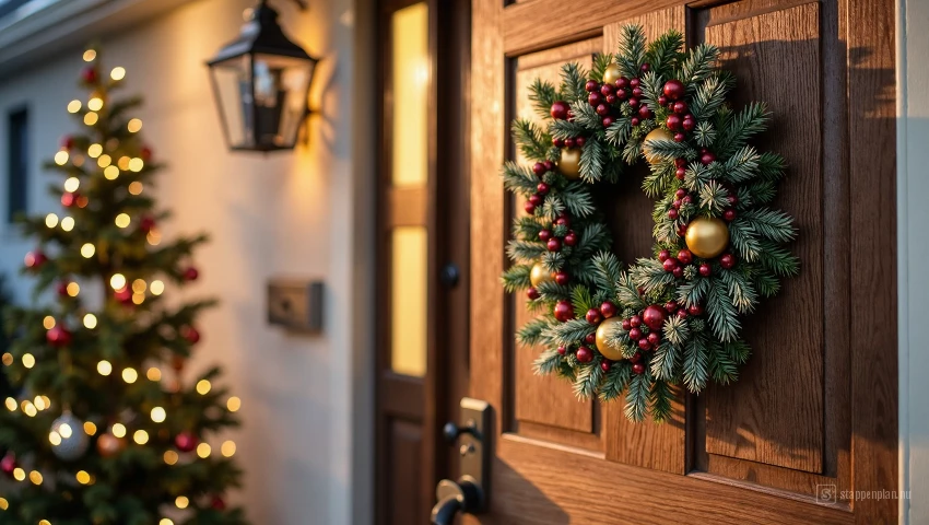 Voordeur versierd met kerstkrans.