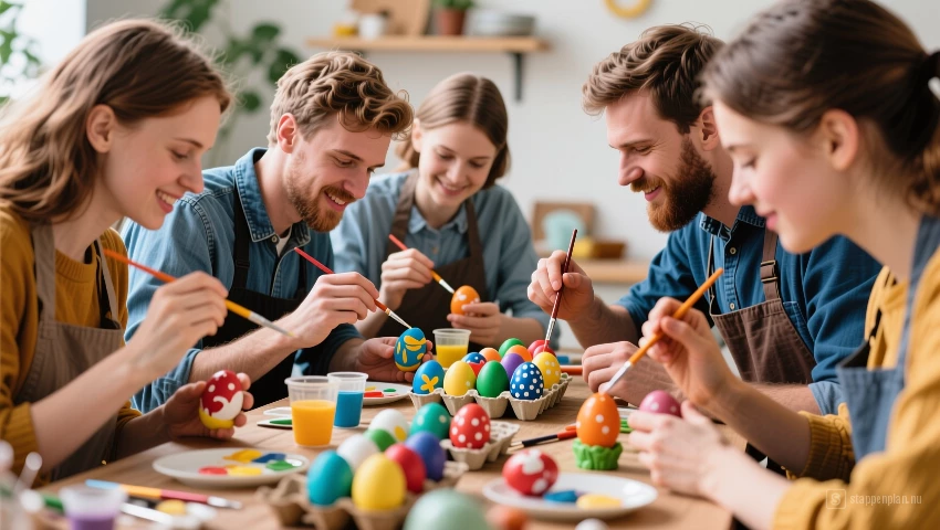 Mensen werken samen aan het schilderen van de basiskleuren op Paaseieren.