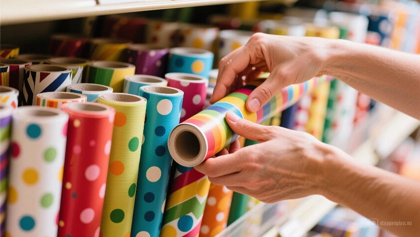 Handen selecteren kleurrijk inpakpapier uit verschillende opties.