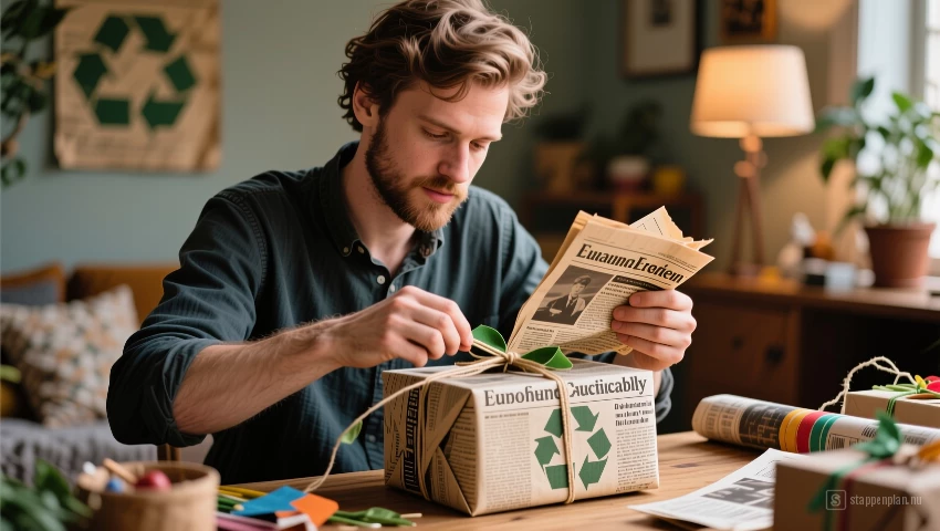 Man pakt cadeau in met oude kranten, duurzaam.