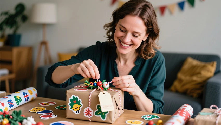 Vrouw voegt decoraties toe aan cadeau, creatief.