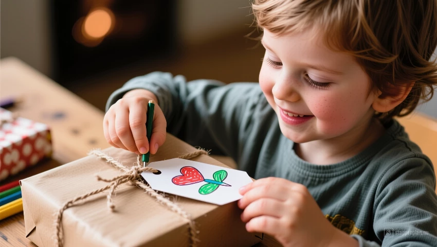 Kind voegt tekening toe aan cadeaulabel, liefdevol.