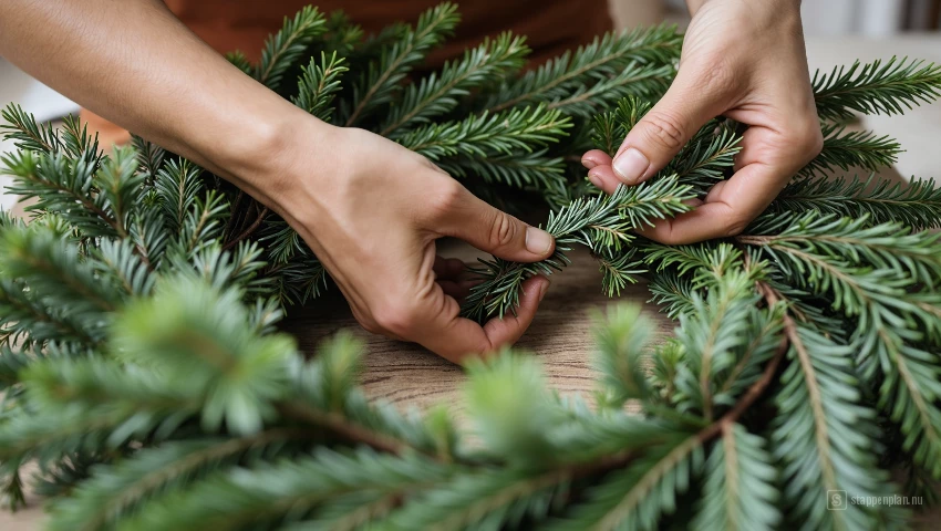 Handen vullen gaten in krans.