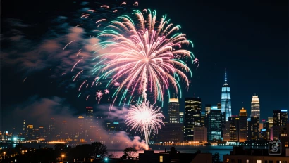Spectaculair vuurwerk boven de stad op nieuwjaarsavond.