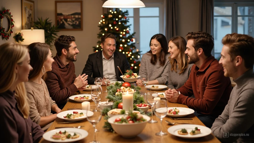 Vrienden genieten van kerstdiner aan tafel.