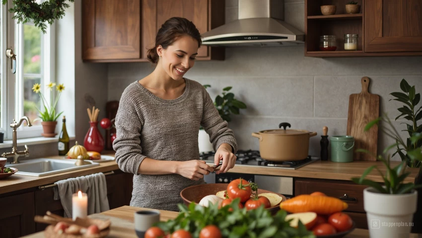 Vrouw ruimt keuken op na kerstdiner.