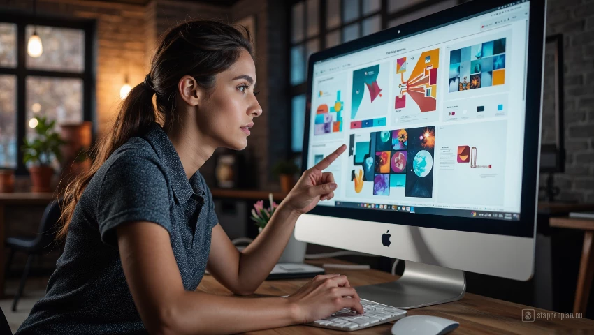 Persoon ontwerpt een creatieve lay-out op een computerscherm.