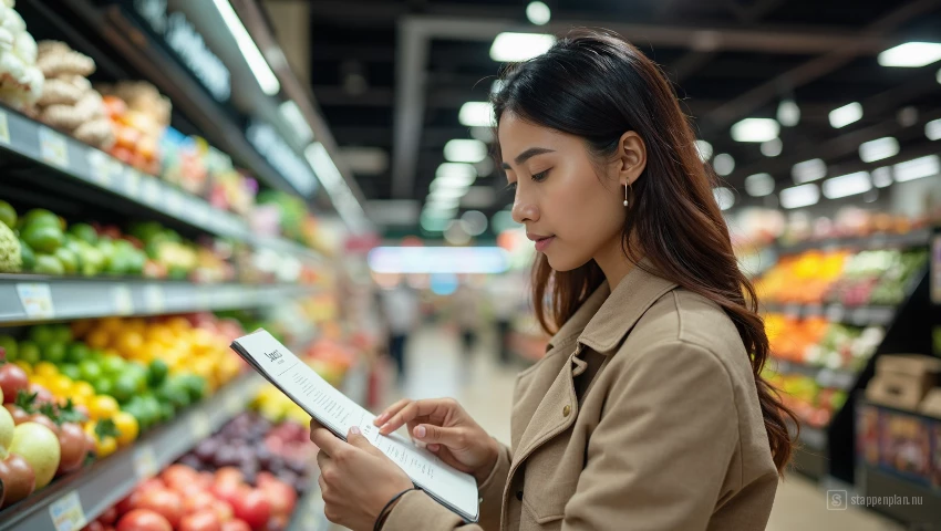 Vrouw controleert boodschappenlijst in supermarkt.