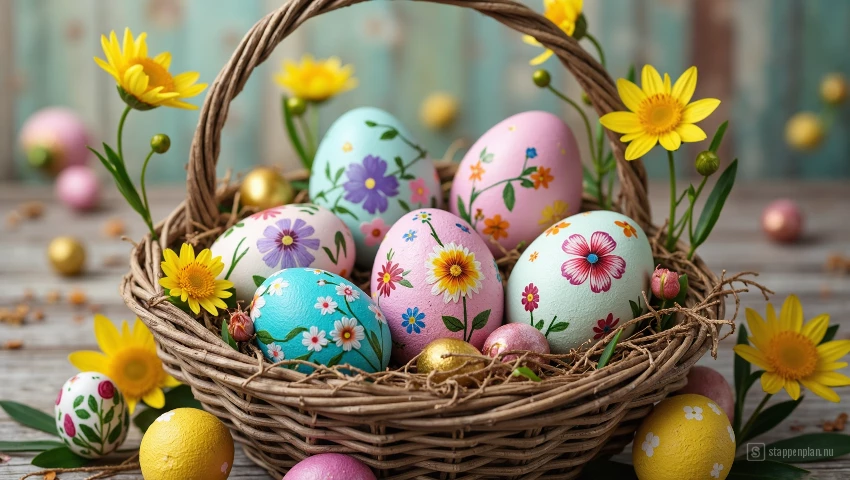 Handgeschilderde Paaseieren in een paasmand.