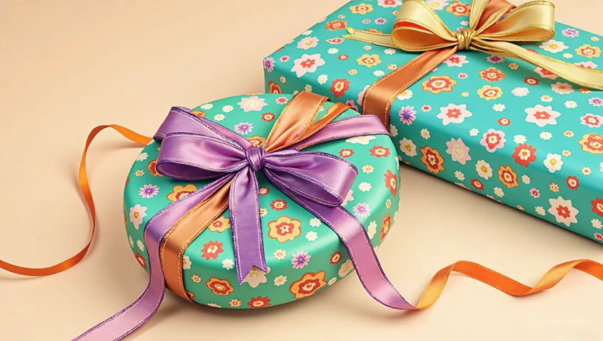 Digitale illustratie van netjes ingepakt cadeau, kleurrijk.