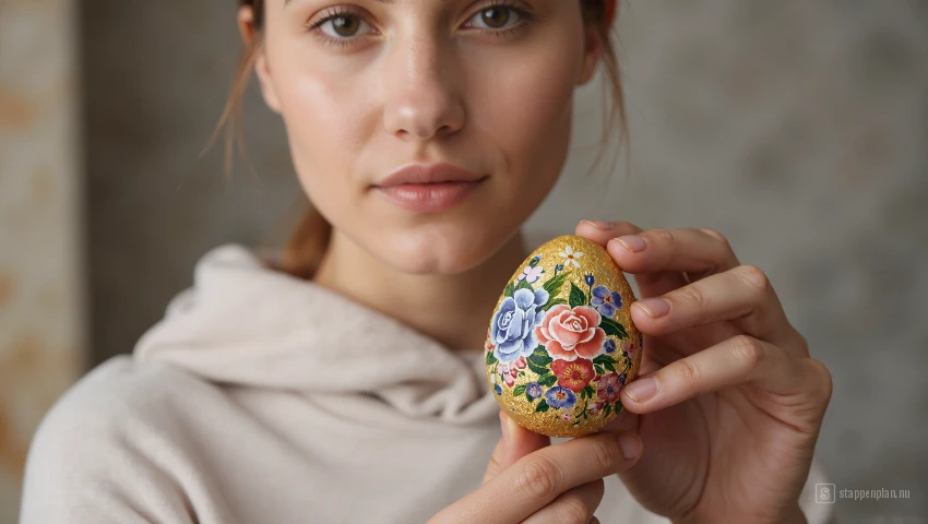 Persoon brengt vernis aan op een Paasei.